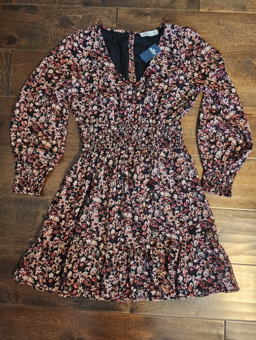 Hollister Black Floral Smocked-Waist Long Sleeve Dress